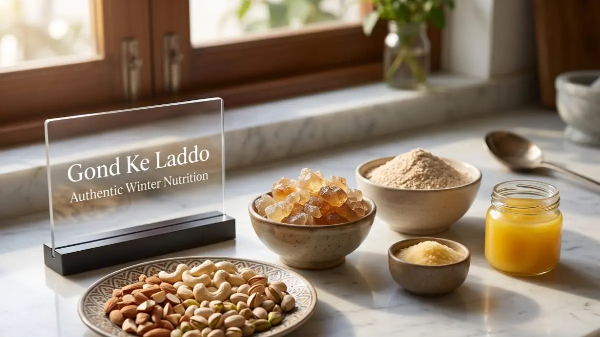 Edible gum crystals, wheat flour, ghee, and chopped nuts arranged on a stylish desk representing laddu ingredients.