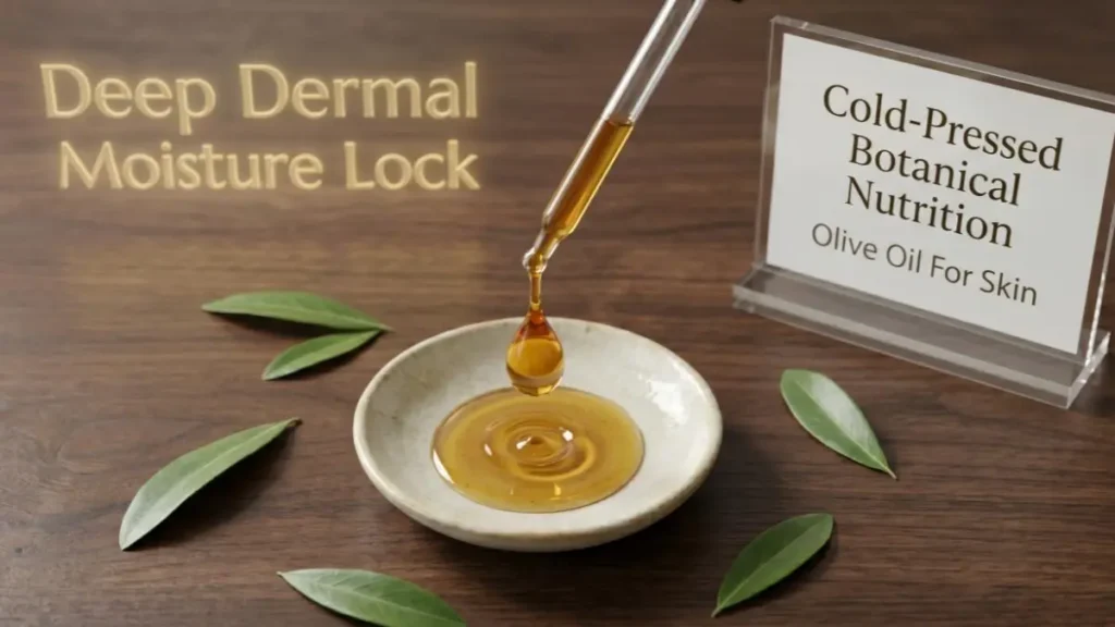 Golden drops of olive oil being dispensed into a ceramic dish on a workspace desk.