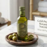 A bottle of extra virgin olive oil and green olives on a stylish desk representing organic skincare ingredients.