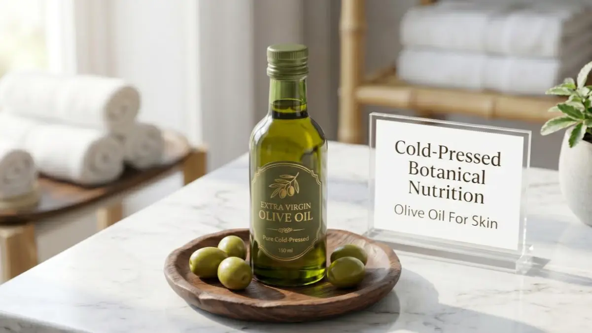 A bottle of extra virgin olive oil and green olives on a stylish desk representing organic skincare ingredients.