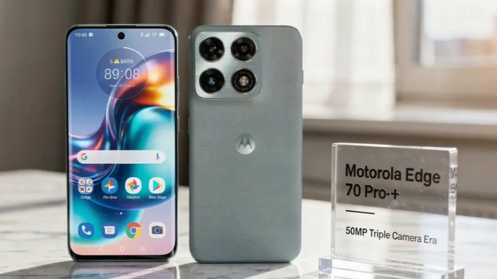 Two Motorola Edge 70 Pro+ smartphones on a stylish desk showcasing both front AMOLED display screen and rear design.