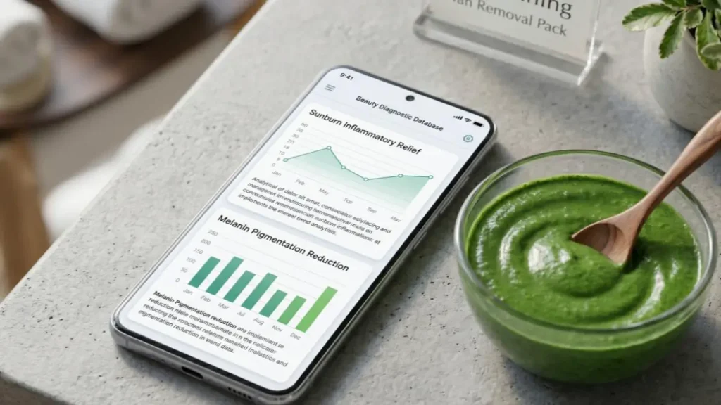 Homemade skin care pack on a desk with a digital application interface showing skin tissue healing metrics.