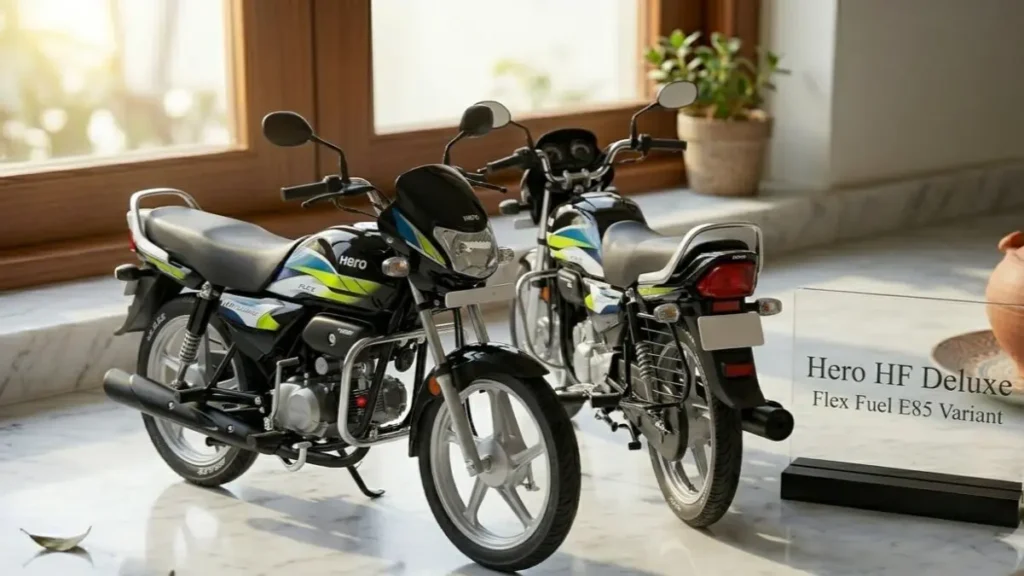 Hero HF Deluxe Flex Fuel on a stylish desk showcasing both front profile and rear design.