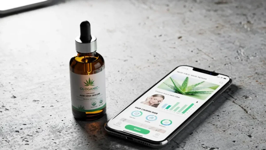 Aloe Vera Gel For Hair: Organic aloe vera serum on a desk next to a digital screen displaying scalp tissue health tracking parameters.