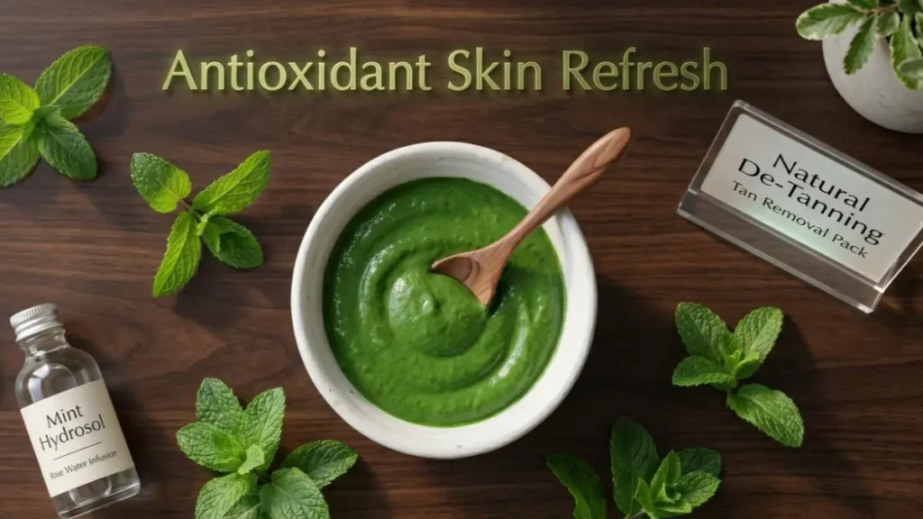 Preparation of a smooth homemade mint and rose water tan removal pack paste in a bowl on a desk.