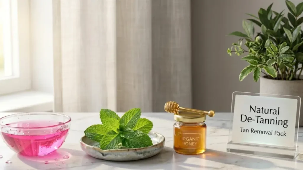 Fresh mint leaves and rose water bowl arranged on a stylish desk representing tan removal pack ingredients.