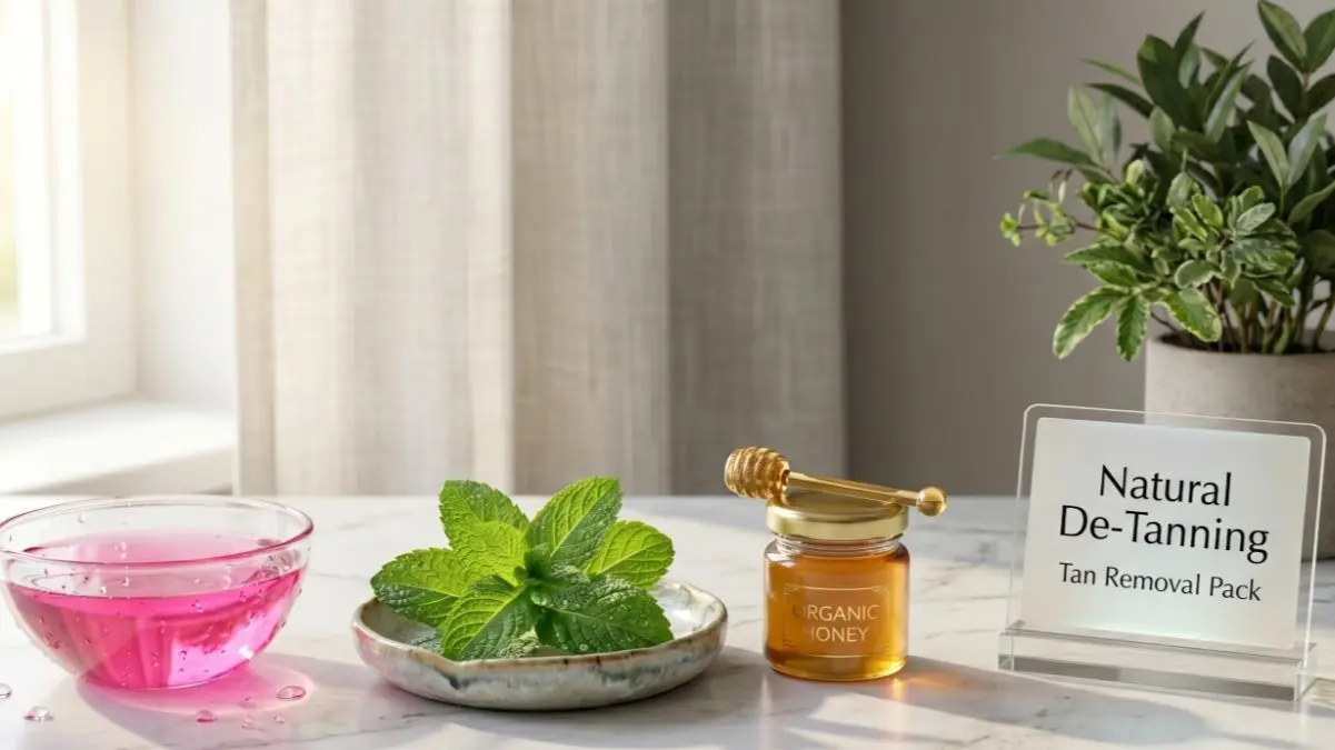 Fresh mint leaves and rose water bowl arranged on a stylish desk representing tan removal pack ingredients.