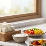 Fresh paneer cubes, thick yogurt, colorful bell peppers, and spices arranged on a stylish desk representing tikka ingredients.