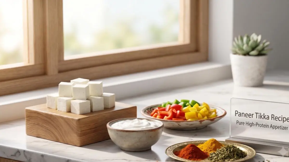 Fresh paneer cubes, thick yogurt, colorful bell peppers, and spices arranged on a stylish desk representing tikka ingredients.