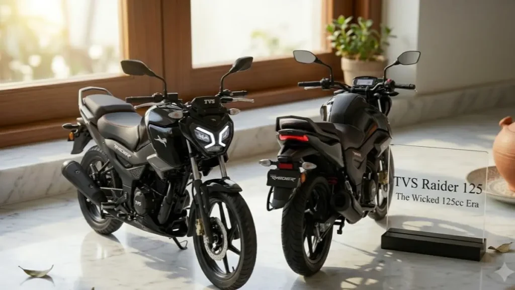 TVS Raider 125 on a stylish desk showcasing both front sporty cowl and rear profile design.