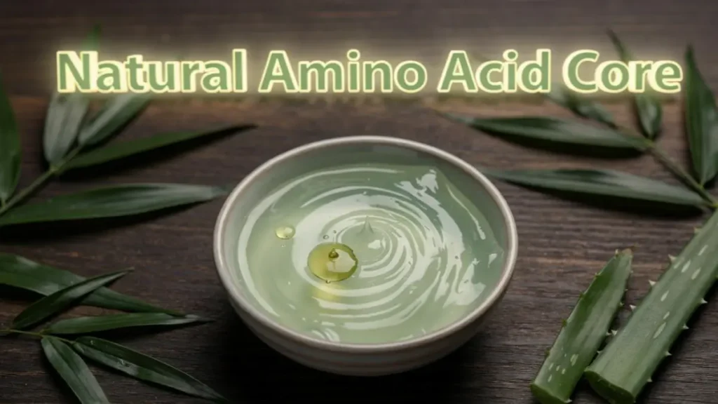 Mixing extracted aloe vera gel with coconut oil in a small bowl on a dark wood desk.