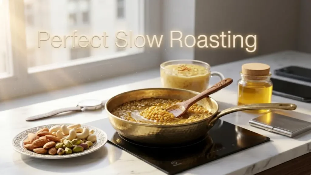 Golden-brown roasted moong dal mixture in a traditional cooking pan representing the halwa preparation.