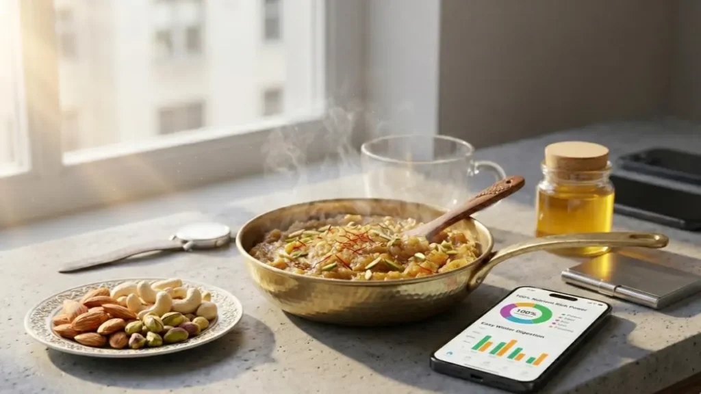 Moong Dal Ka Halwa Recipe :A serving bowl of hot moong dal halwa on a desk next to a digital recipe dashboard display.