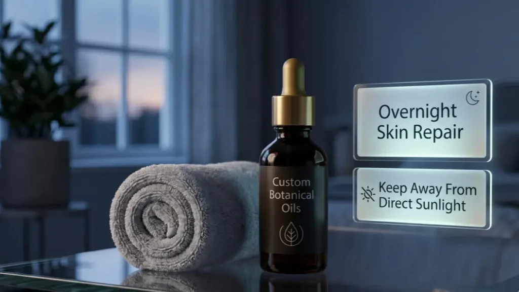DIY Face Oil: Dark dropper bottle on a modern desk representing proper protective storage for homemade face oil.