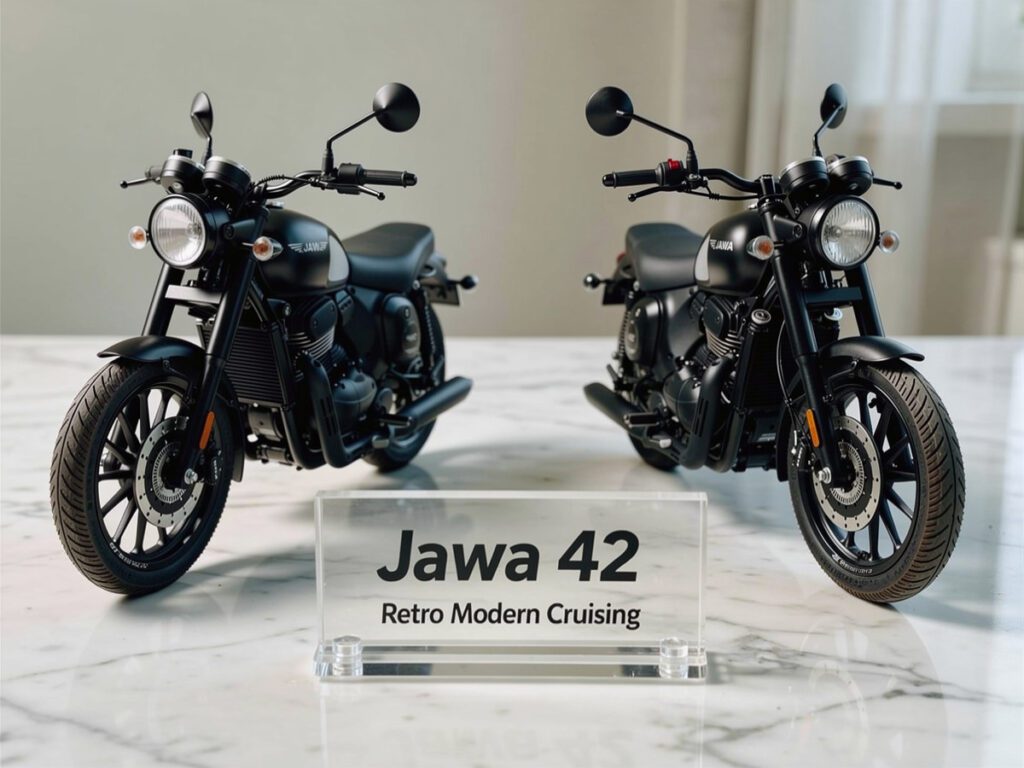 Jawa 42 Bike on a stylish desk showcasing both front profile and rear dual-exhaust design.