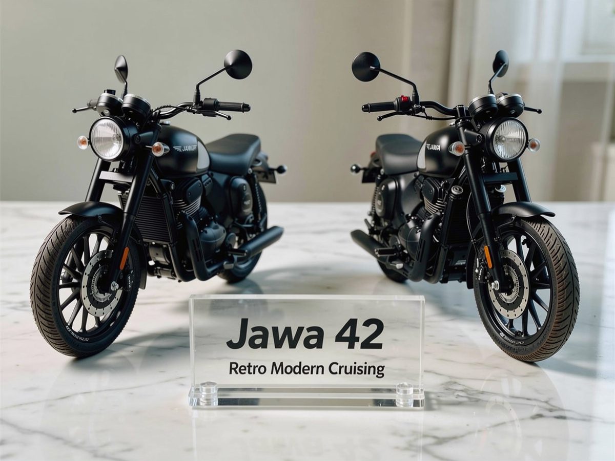 Jawa 42 Bike on a stylish desk showcasing both front profile and rear dual-exhaust design.