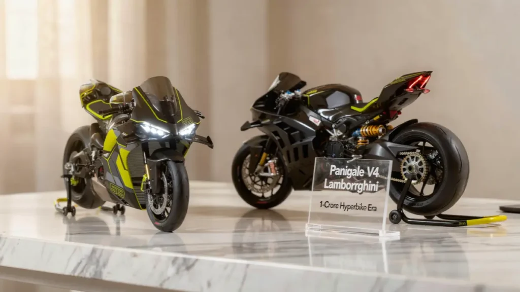Ducati Panigale V4 Lamborghini on a stylish desk showcasing both front aerodynamic cowl and rear profile design.