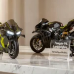 Ducati Panigale V4 Lamborghini on a stylish desk showcasing both front aerodynamic cowl and rear profile design.