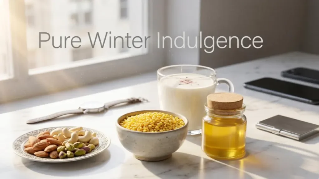 Raw moong dal, ghee, milk, and chopped nuts arranged on a stylish desk representing halwa ingredients.