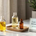 Custom blending of a facial oil mixture in a dark amber dropper bottle on a workspace desk.
