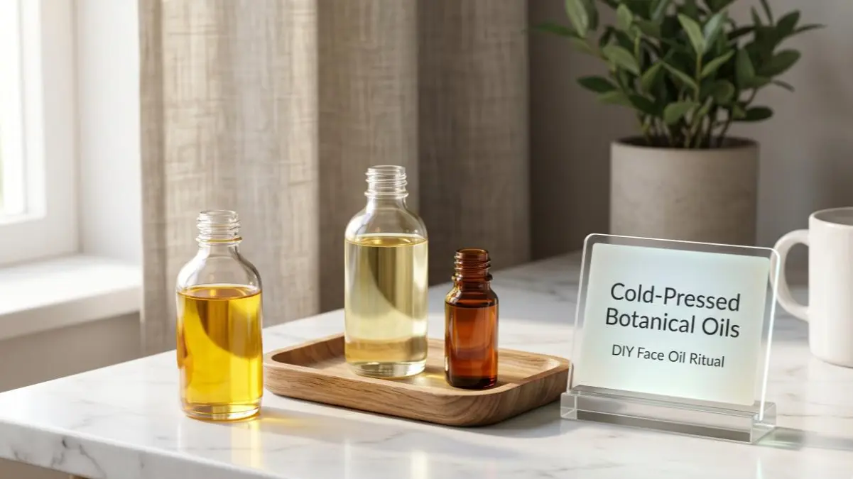 Custom blending of a facial oil mixture in a dark amber dropper bottle on a workspace desk.