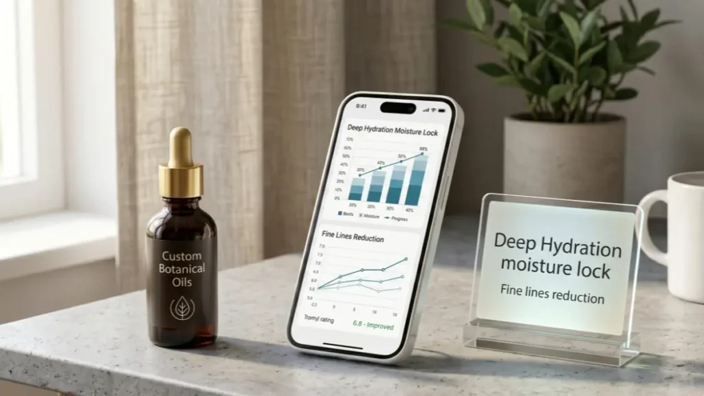 Amber dropper bottle of face oil on a desk with a digital application interface displaying skin tissue healing metrics.