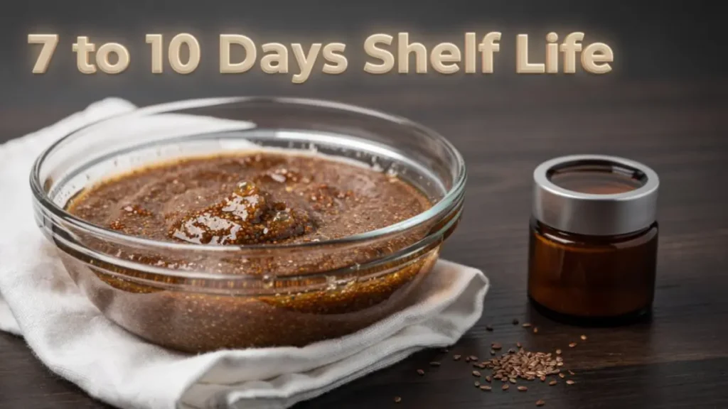 Straining fresh flaxseed gel through a cotton cloth into a container on a dark wood desk.