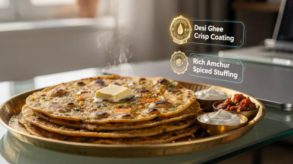 A premium traditional serving layout of hot crispy aloo paratha with melting butter and curd on a modern stylish desk workspace.