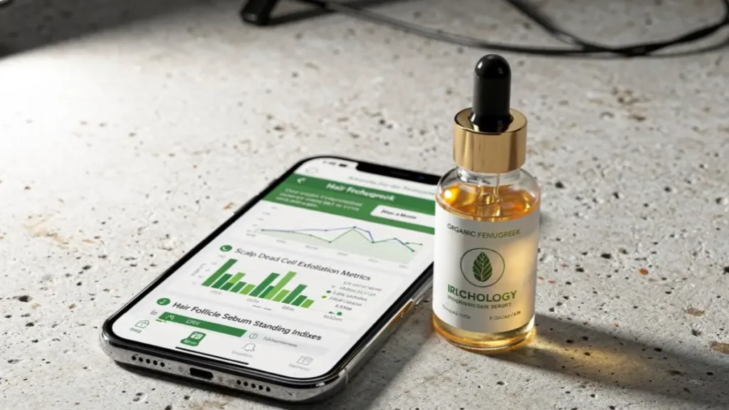A bottle of Fenugreek Hair Mask extract on a desk next to a digital screen displaying scalp tissue health tracking parameters.