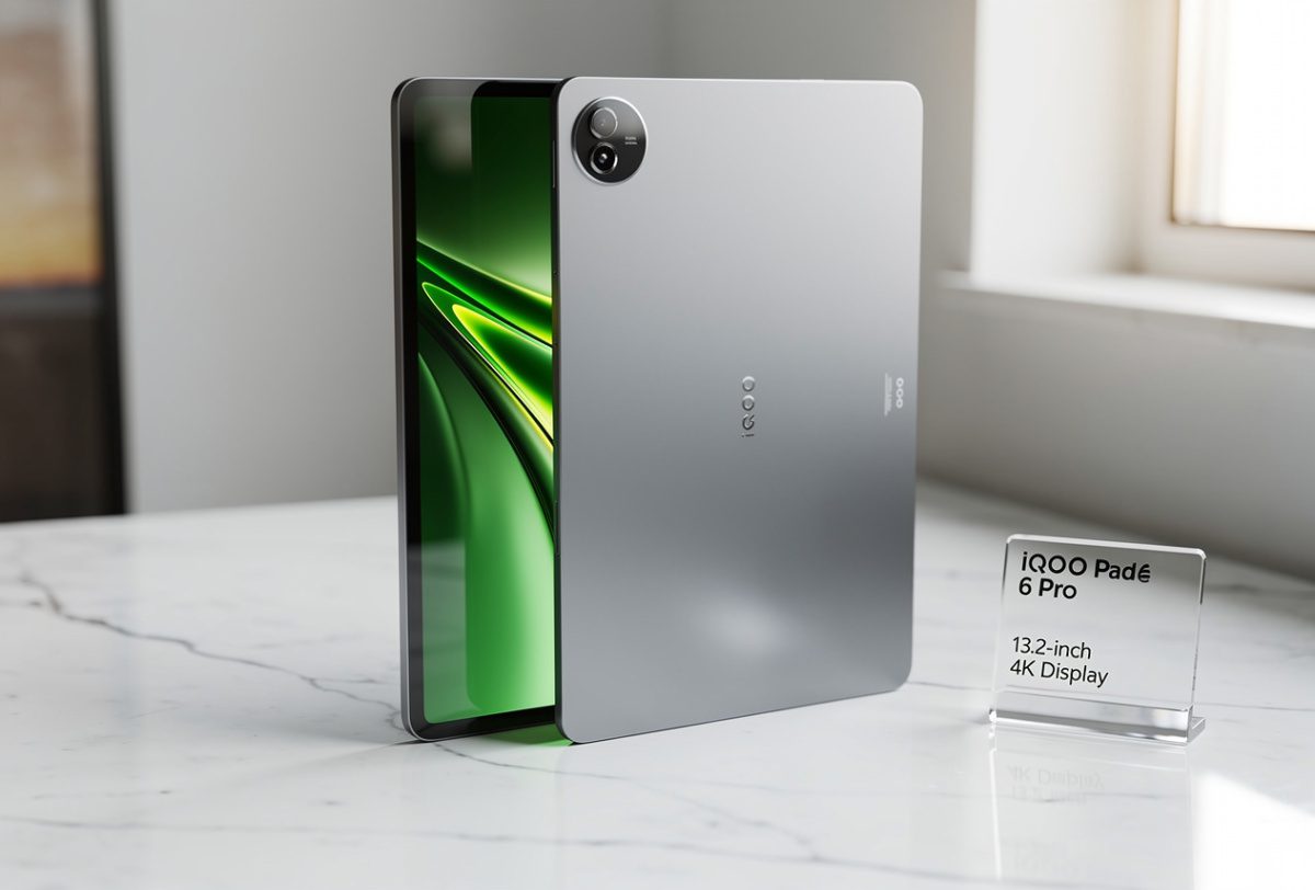 iQOO Pad 6 Pro tablets on a stylish desk showcasing both front 4K display screen and rear layout design.