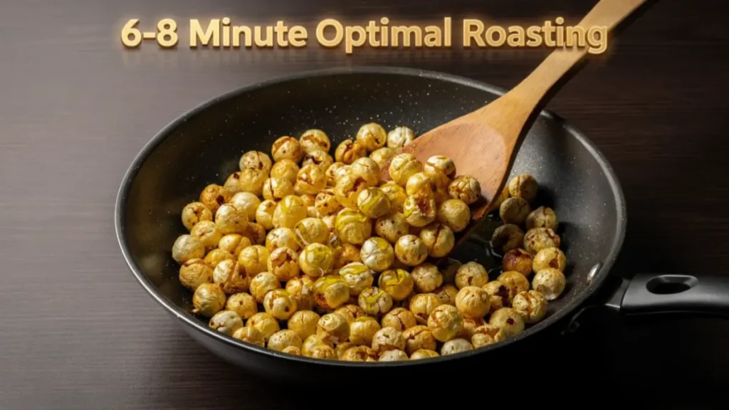 Lemon Pepper Makhana: Roasting white fox nuts with olive oil in a pan on a dark wood desk workspace.
