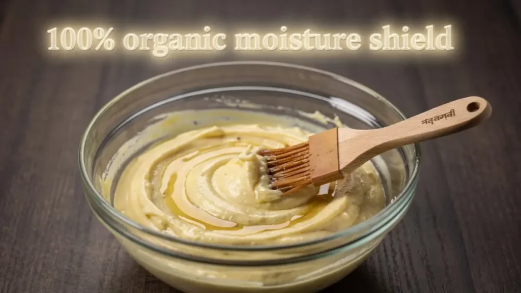 Blending a smooth fenugreek seed paste with aloe vera gel in a bowl on a dark wood desk workspace.