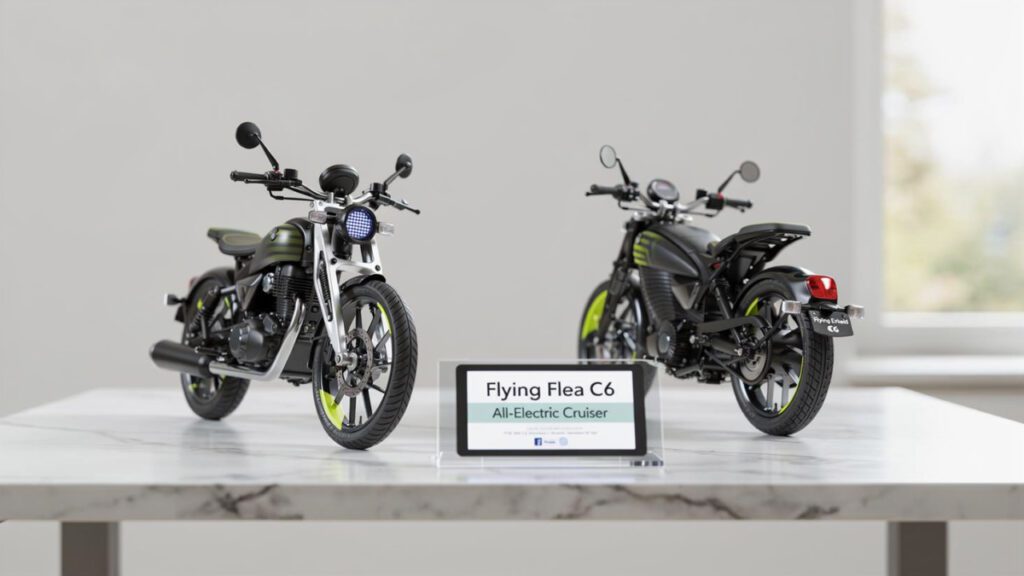 Royal Enfield Flying Flea C6 on a stylish desk showcasing both front girder fork and rear single-seat profile design.