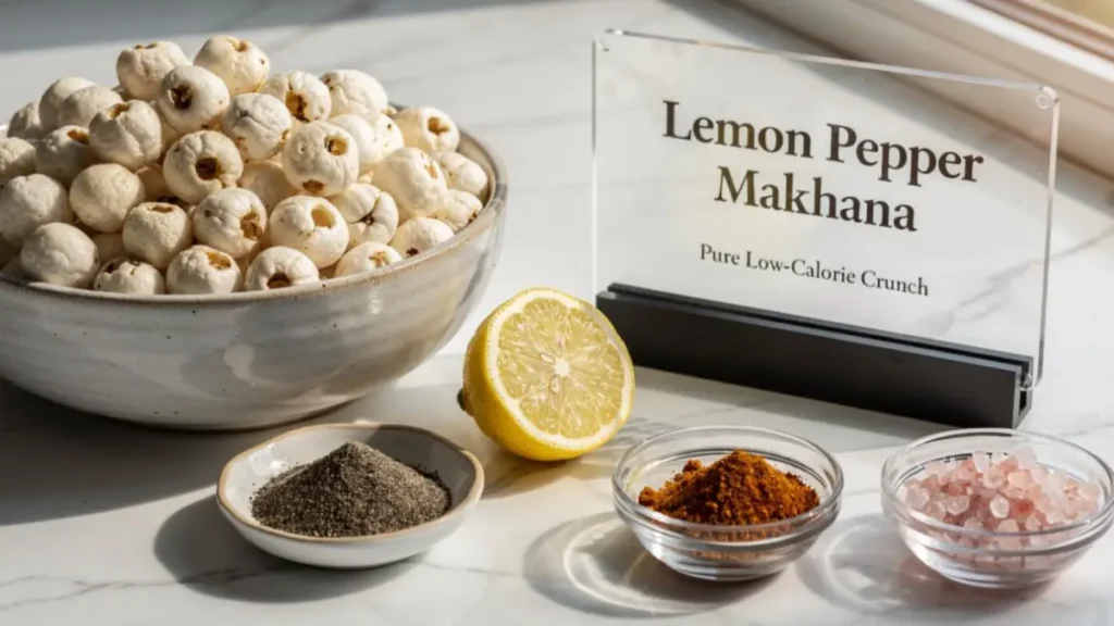 Raw makhana, sliced lemon, black pepper powder, and rock salt arranged on a stylish desk representing healthy snack ingredients.
