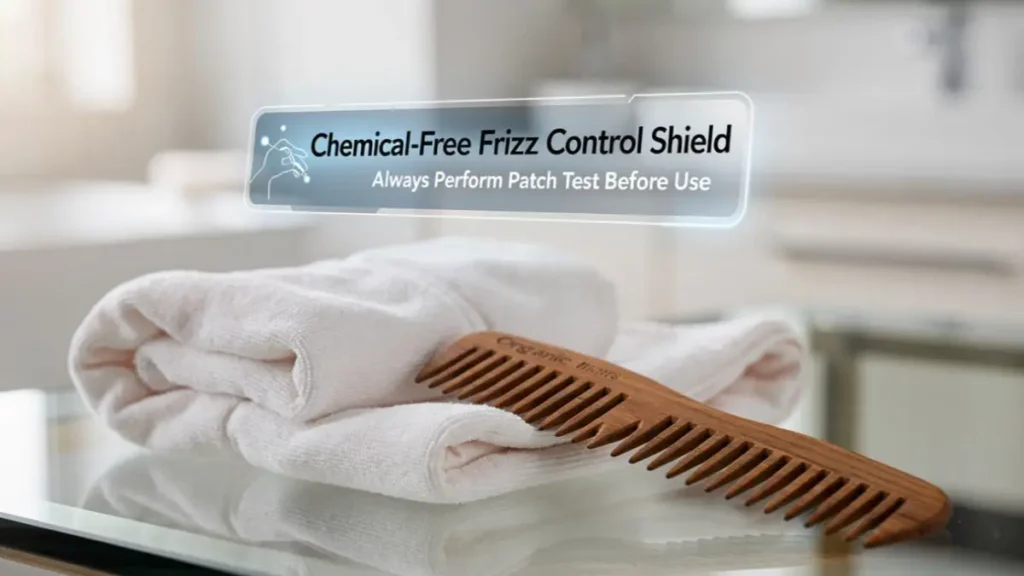 A wooden comb and a soft white towel on a modern desk representing post-wash grooming after curd mask rinse.