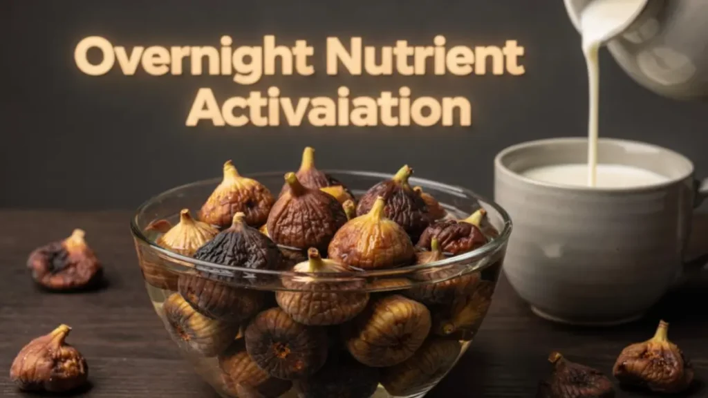 Dried figs soaking overnight in a glass bowl on a dark wood desk workspace.