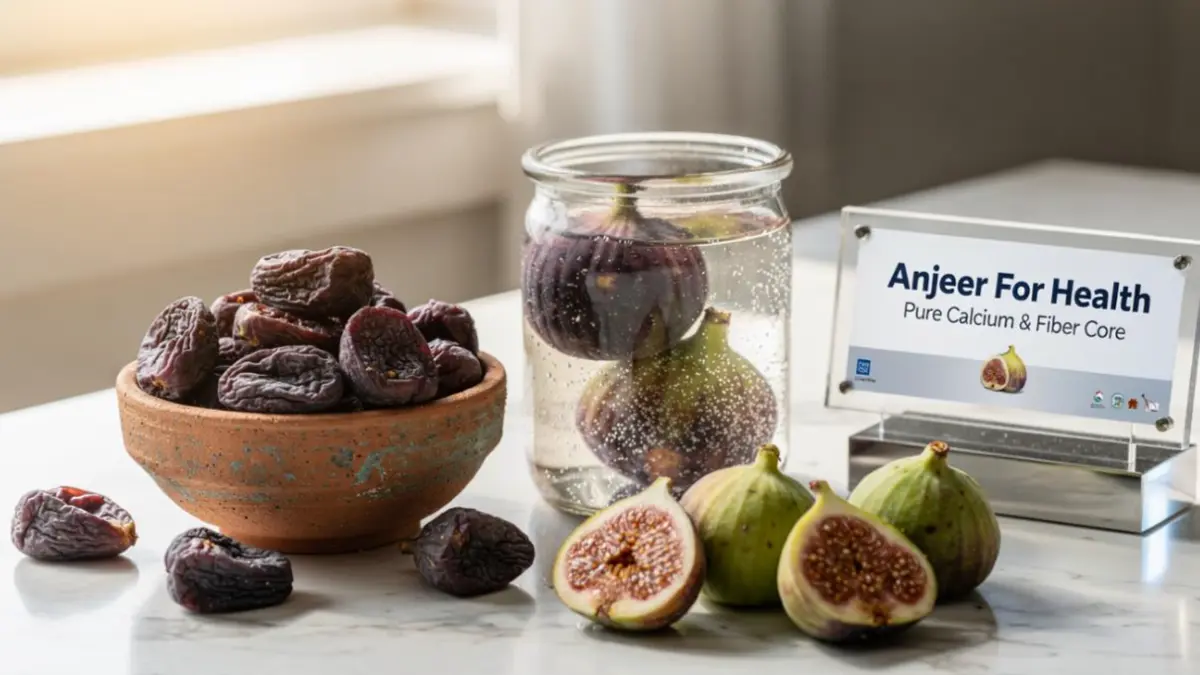 Premium dried figs in a bowl and soaking in a glass jar arranged on a stylish desk representing healthy lifestyle ingredients.