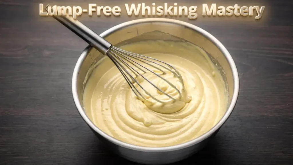 Punjabi Curry Recipe:Whisking yogurt and besan batter in a metallic bowl on a dark wood desk workspace.