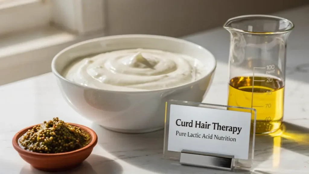 A bowl of fresh curd, fenugreek paste, and coconut oil arranged on a stylish desk representing organic hair mask ingredients.
