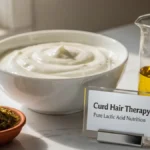 A bowl of fresh curd, fenugreek paste, and coconut oil arranged on a stylish desk representing organic hair mask ingredients.