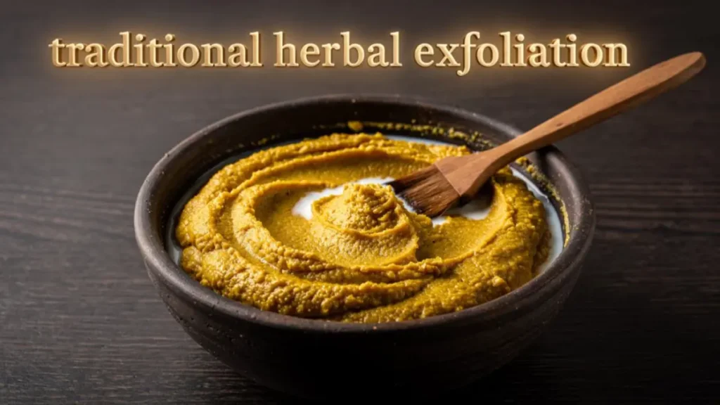 Mixing a golden ubtan face pack mixture in a clay bowl on a dark wood desk workspace.