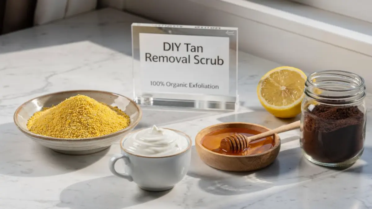 Besan, yogurt, honey, lemon, and coffee powder arranged on a stylish desk representing organic tan removal scrub ingredients.