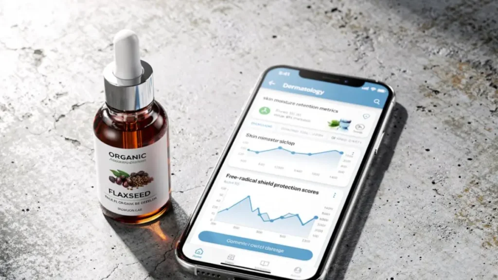 Flaxseed Gel For Skin: Organic flaxseed serum on a desk next to a digital screen displaying facial skin tissue health tracking parameters.