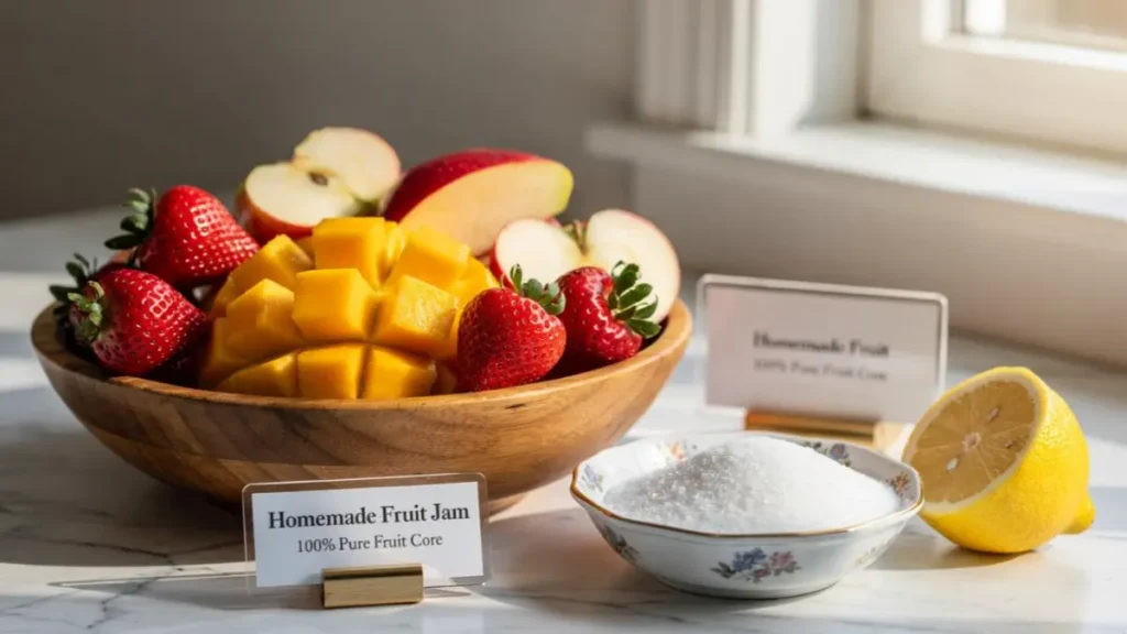 Chopped mangoes, strawberries, apples, and a bowl of sugar arranged on a stylish desk representing organic fruit jam ingredients.