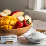 Chopped mangoes, strawberries, apples, and a bowl of sugar arranged on a stylish desk representing organic fruit jam ingredients.