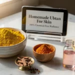 Besan, turmeric, sandalwood powder, and rose water arranged on a stylish desk representing organic ubtan ingredients.