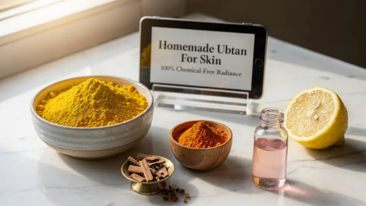 Besan, turmeric, sandalwood powder, and rose water arranged on a stylish desk representing organic ubtan ingredients.