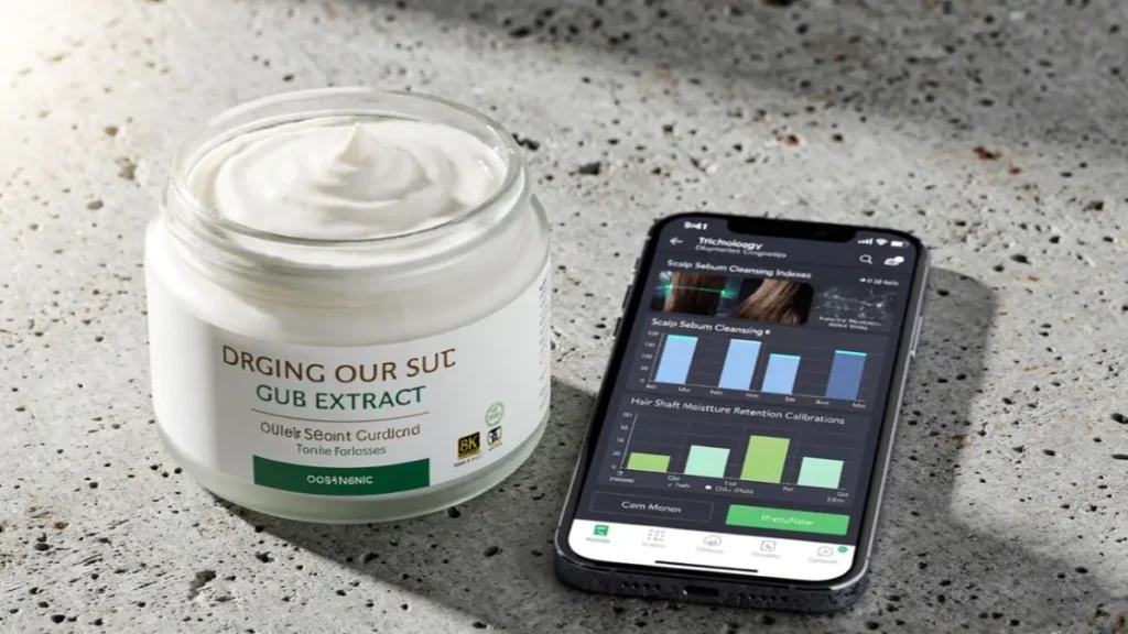 jar of Curd For Hair on a desk next to a digital screen displaying scalp tissue hydration health tracking parameters.