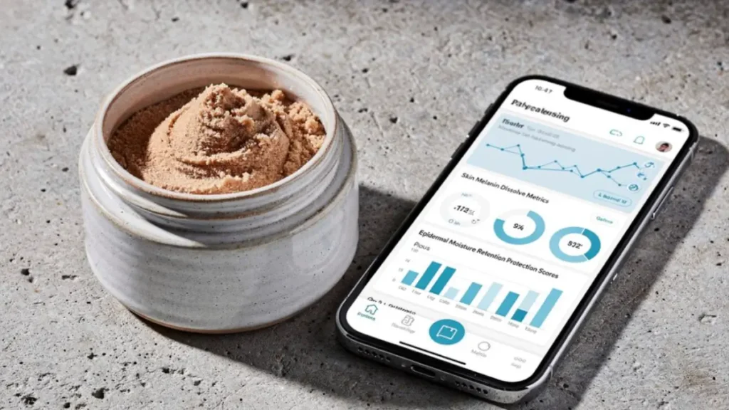 DIY Tan Removal Scrub: A cosmetic jar of herbal scrub on a desk next to a digital screen displaying skin tissue health tracking parameters.