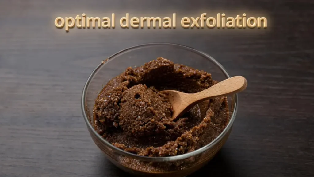 Mixing a dark brown granular coffee and besan scrub mixture in a glass bowl on a dark wood desk workspace.